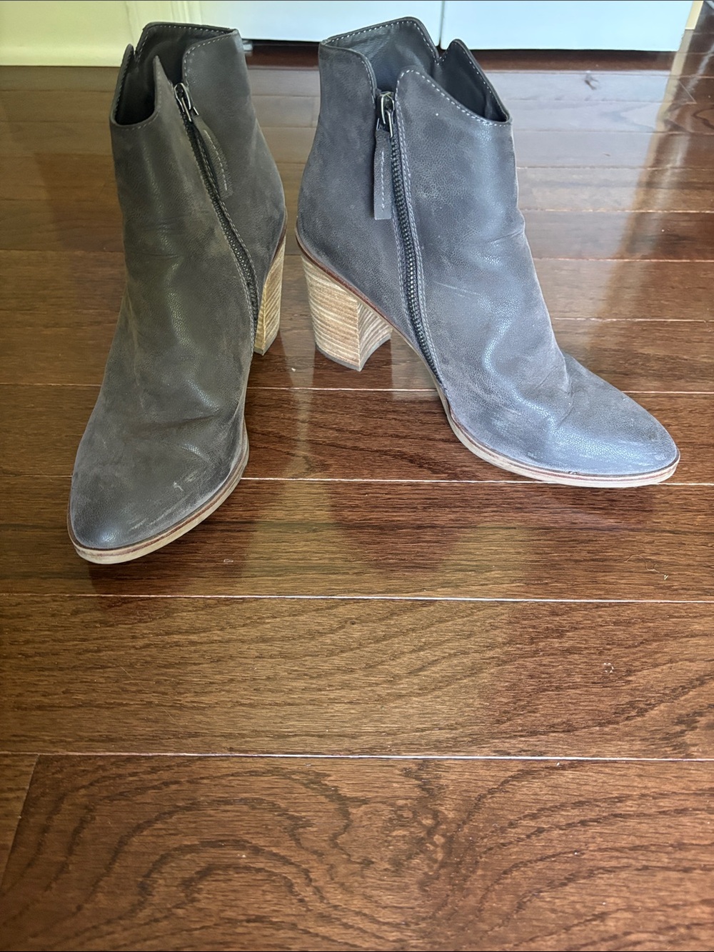 MIA Gray Suede Ankle Booties with Stacked Heel